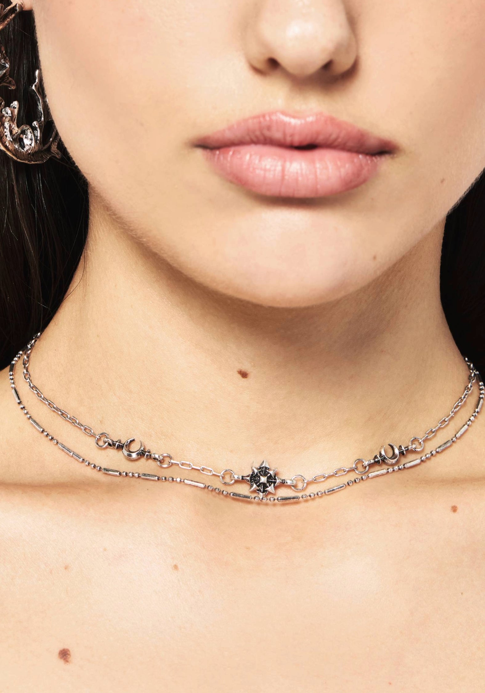 Silver Moon Layered Choker Necklace | Lobster Clasp Design