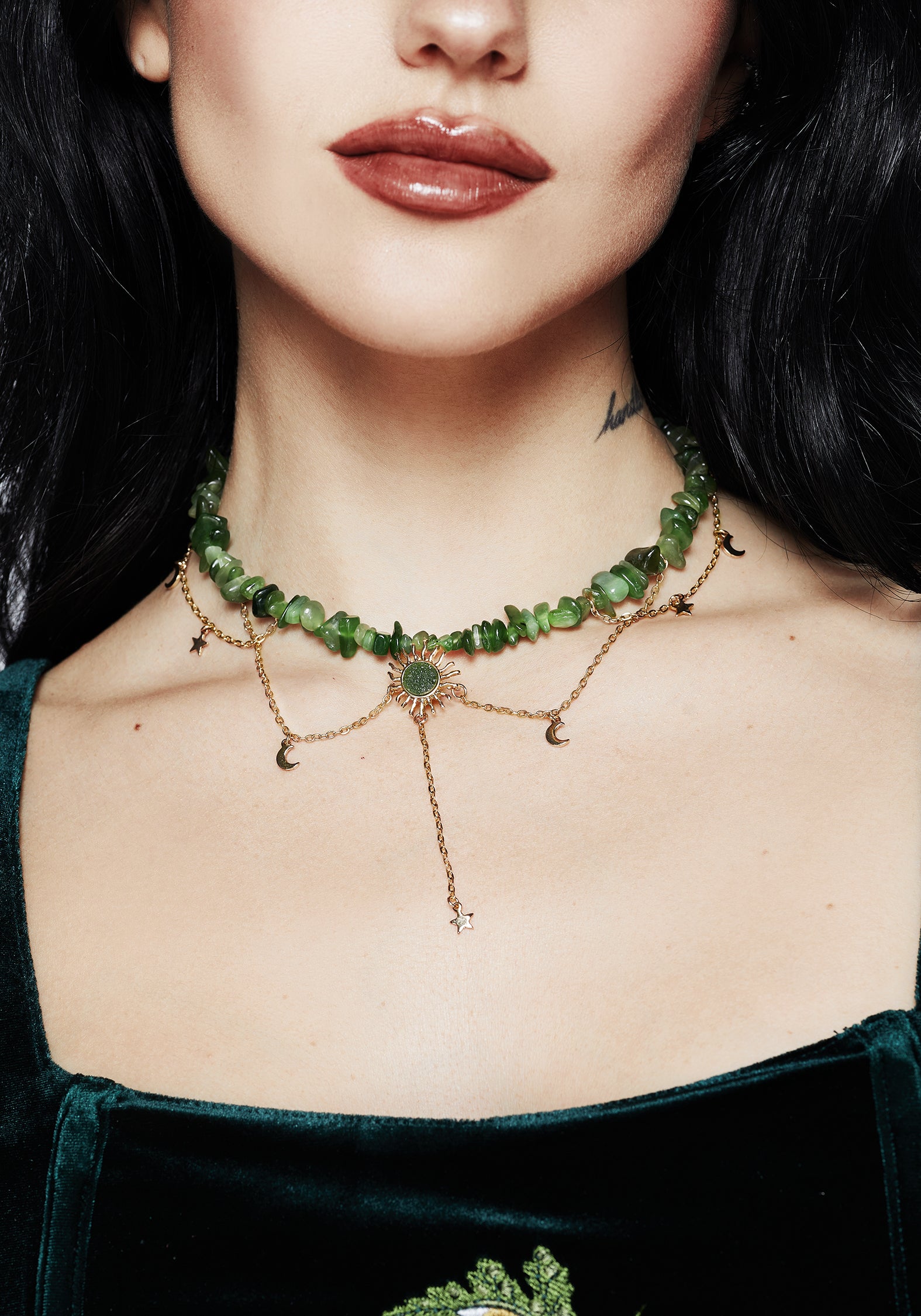Green Gem Choker Necklace with Sun Pendant & Moon Charms | Aurora