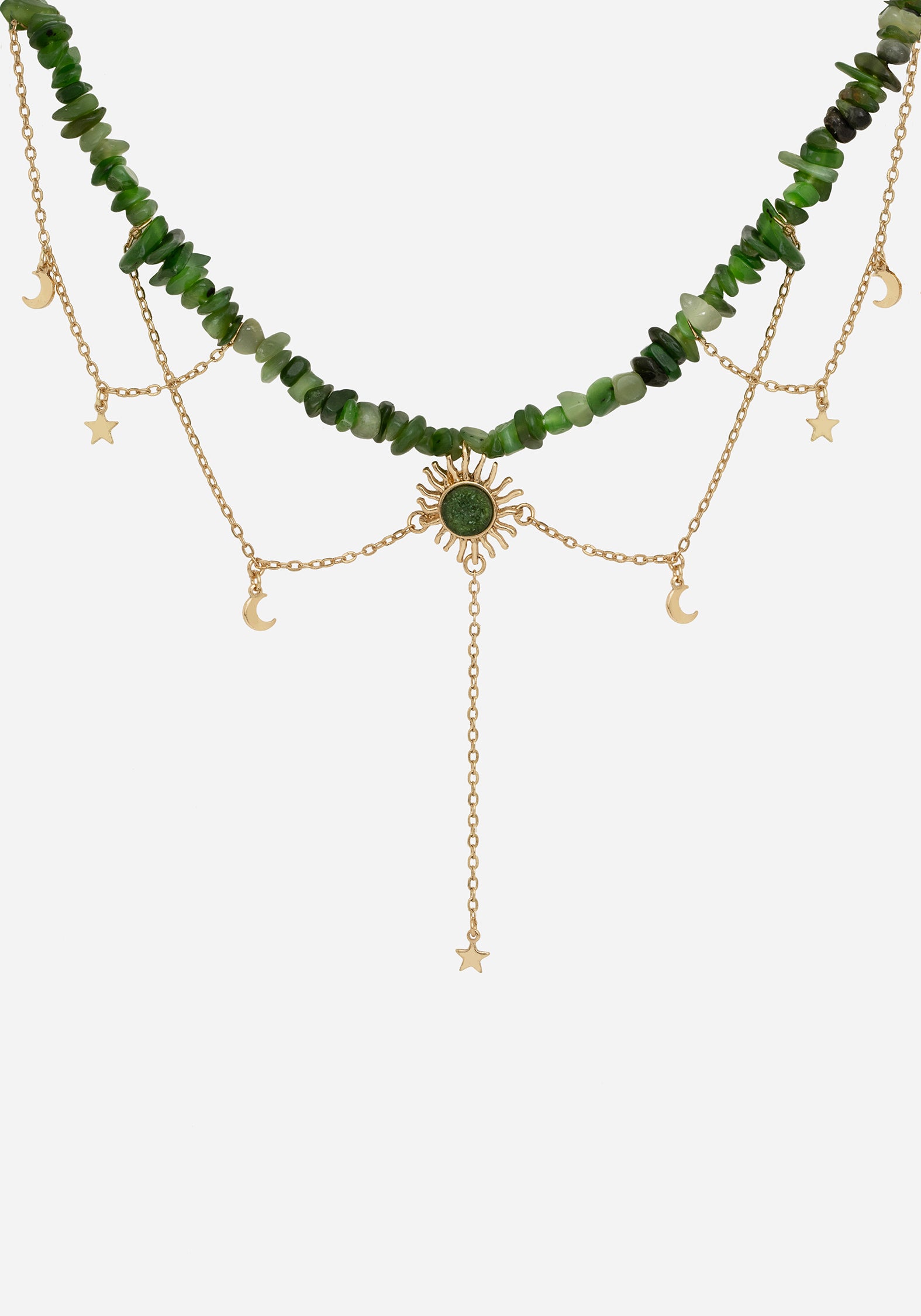 Green Gem Choker Necklace with Sun Pendant & Moon Charms | Aurora