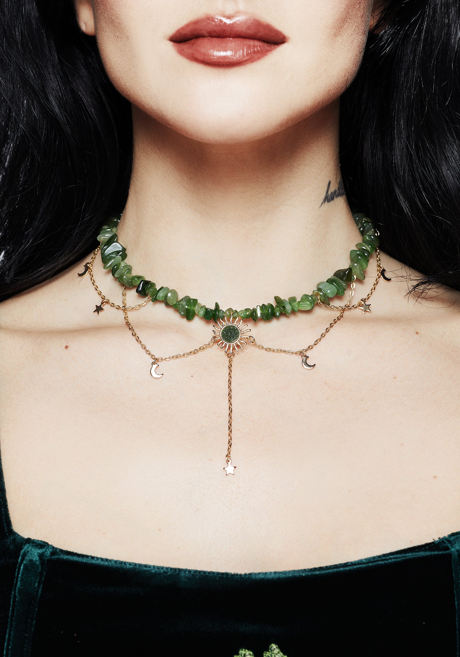 Green Gem Choker Necklace with Sun Pendant & Moon Charms | Aurora
