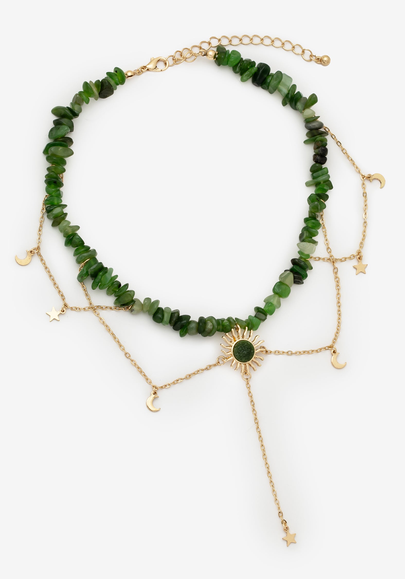 Green Gem Choker Necklace with Sun Pendant & Moon Charms | Aurora