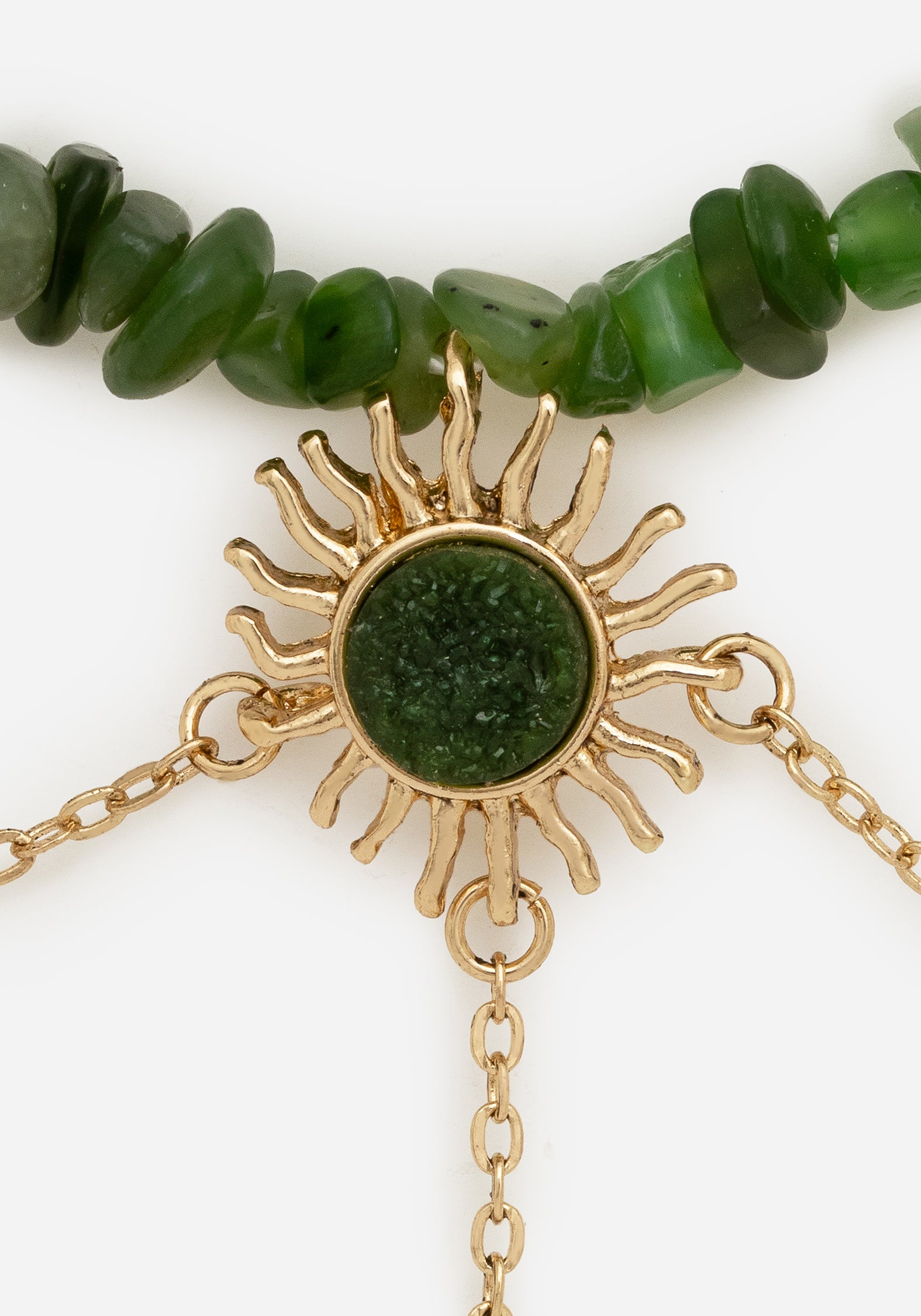 Green Gem Choker Necklace with Sun Pendant & Moon Charms | Aurora