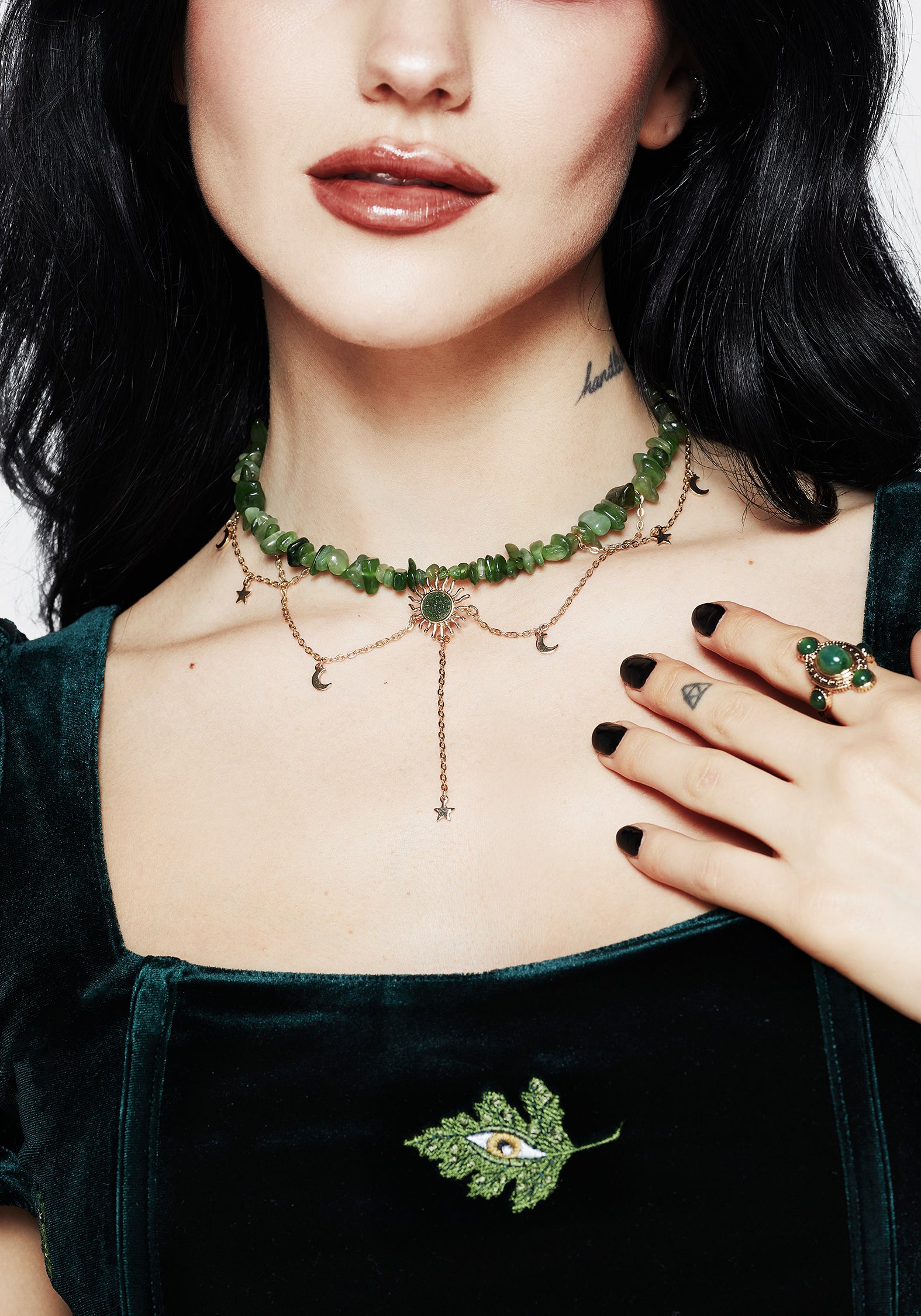 Green Gem Choker Necklace with Sun Pendant & Moon Charms | Aurora