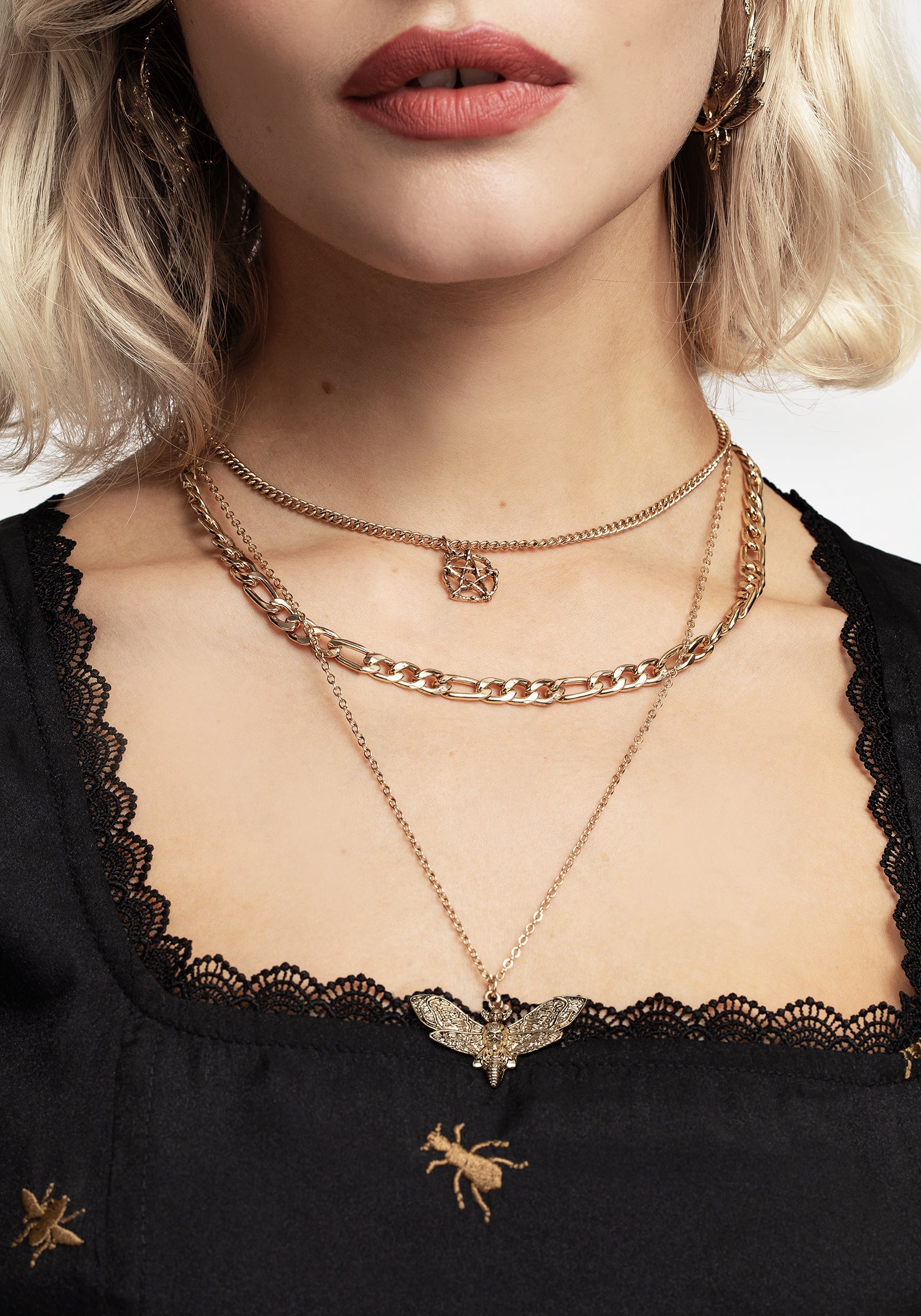 Layered Choker Necklace with Moth & Pentacle Charms | Mortmoth Gold