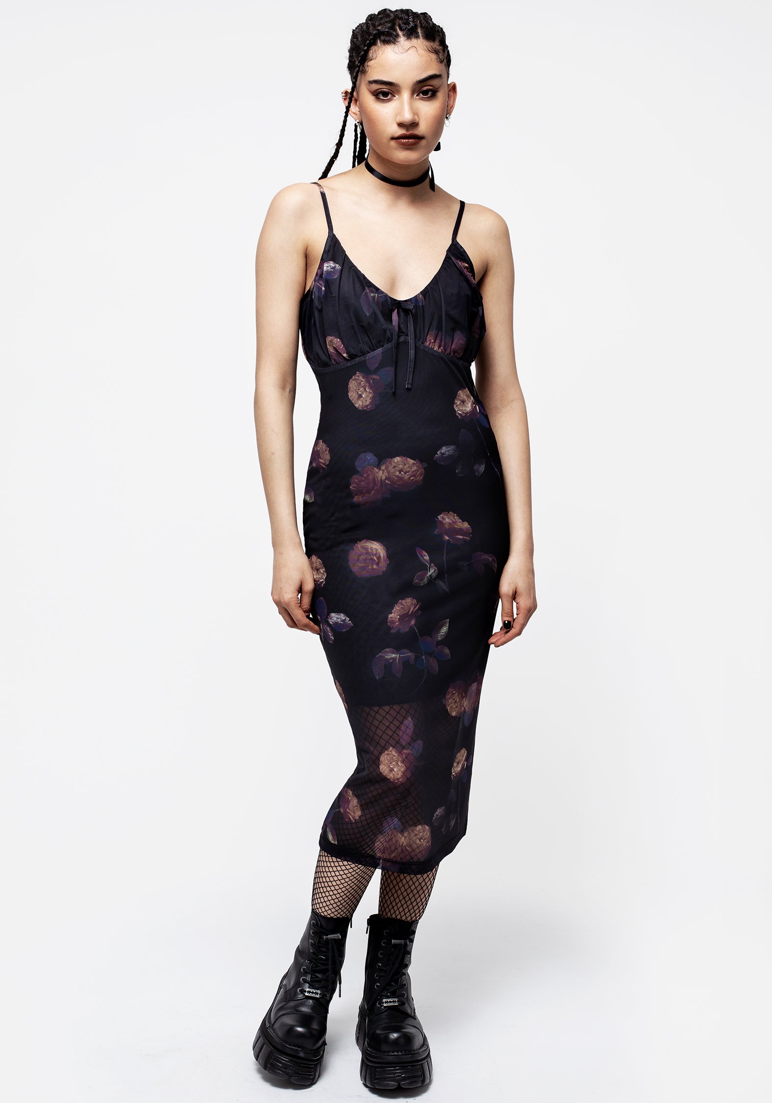 Floral Mesh Midi Dress with Adjustable Straps | Monica