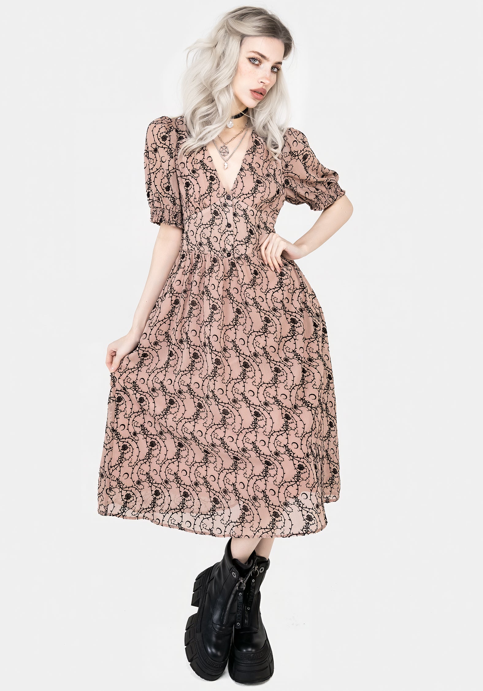 Pink Floral Corset Midi Dress with V-Neck & Puff Sleeves | Rosethorn