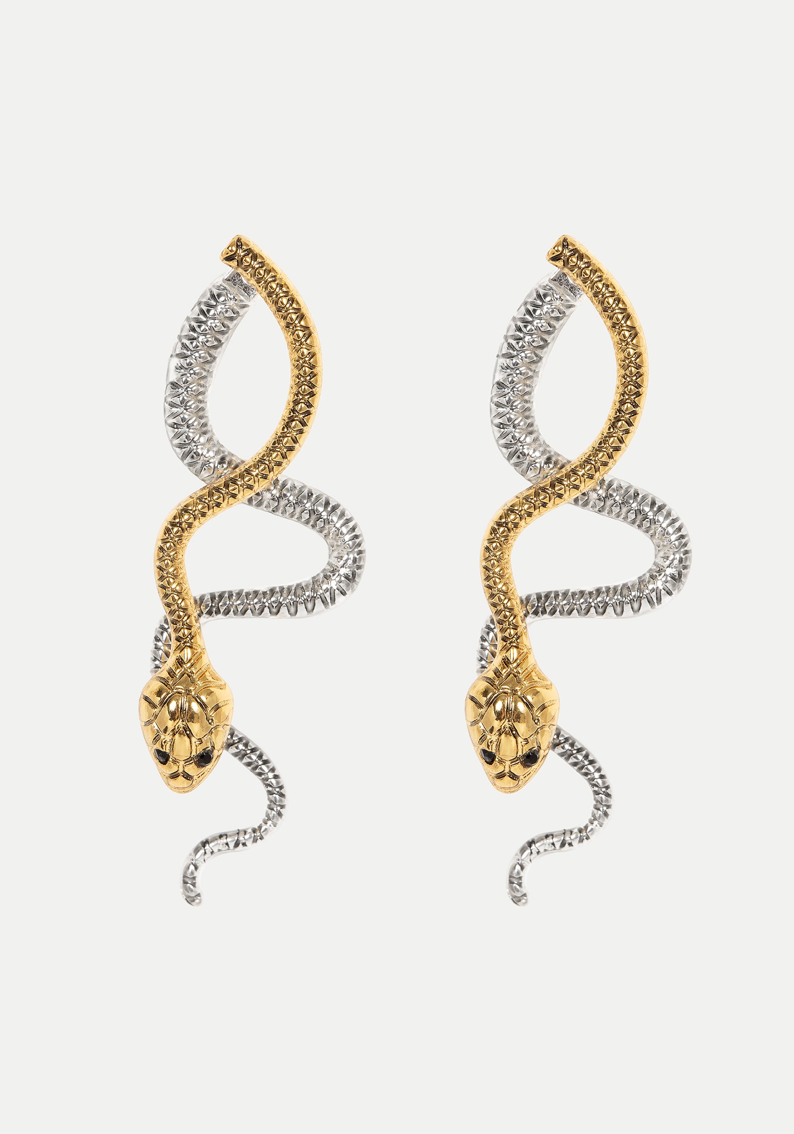 Gold & Silver Snake Earrings with Black Gems | Damballa