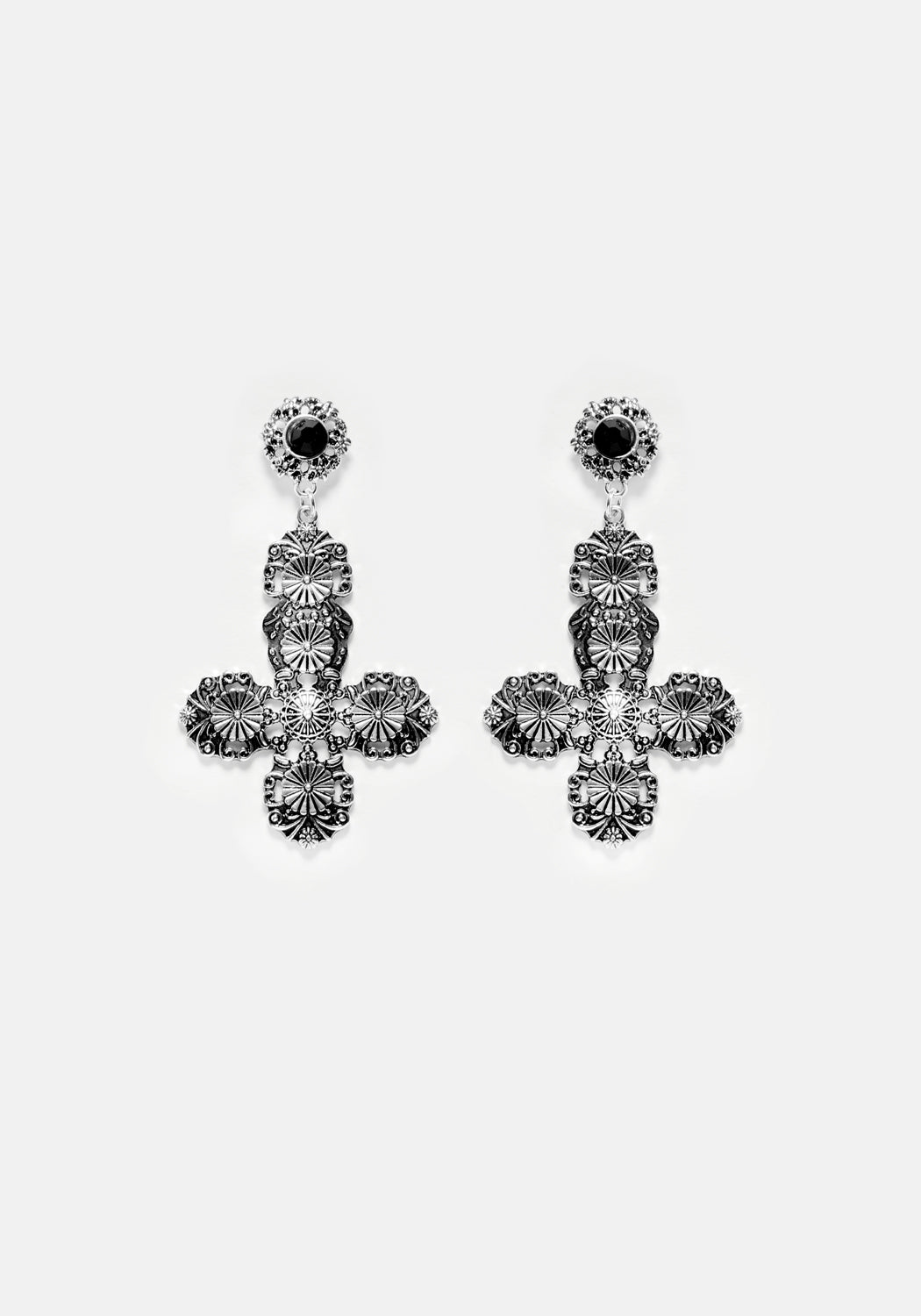 Silver Gothic Drop Earrings with Inverted Cross & Black Gems | Confession