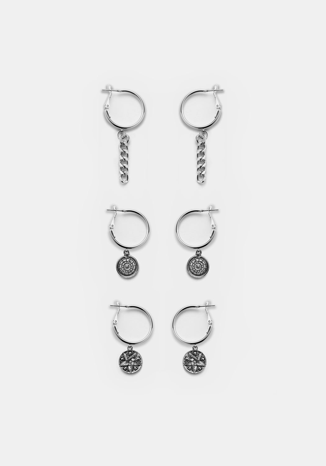 Occult Hoop Earrings Set with Pentacle & Zodiac Coins | Silver Metal Alloy