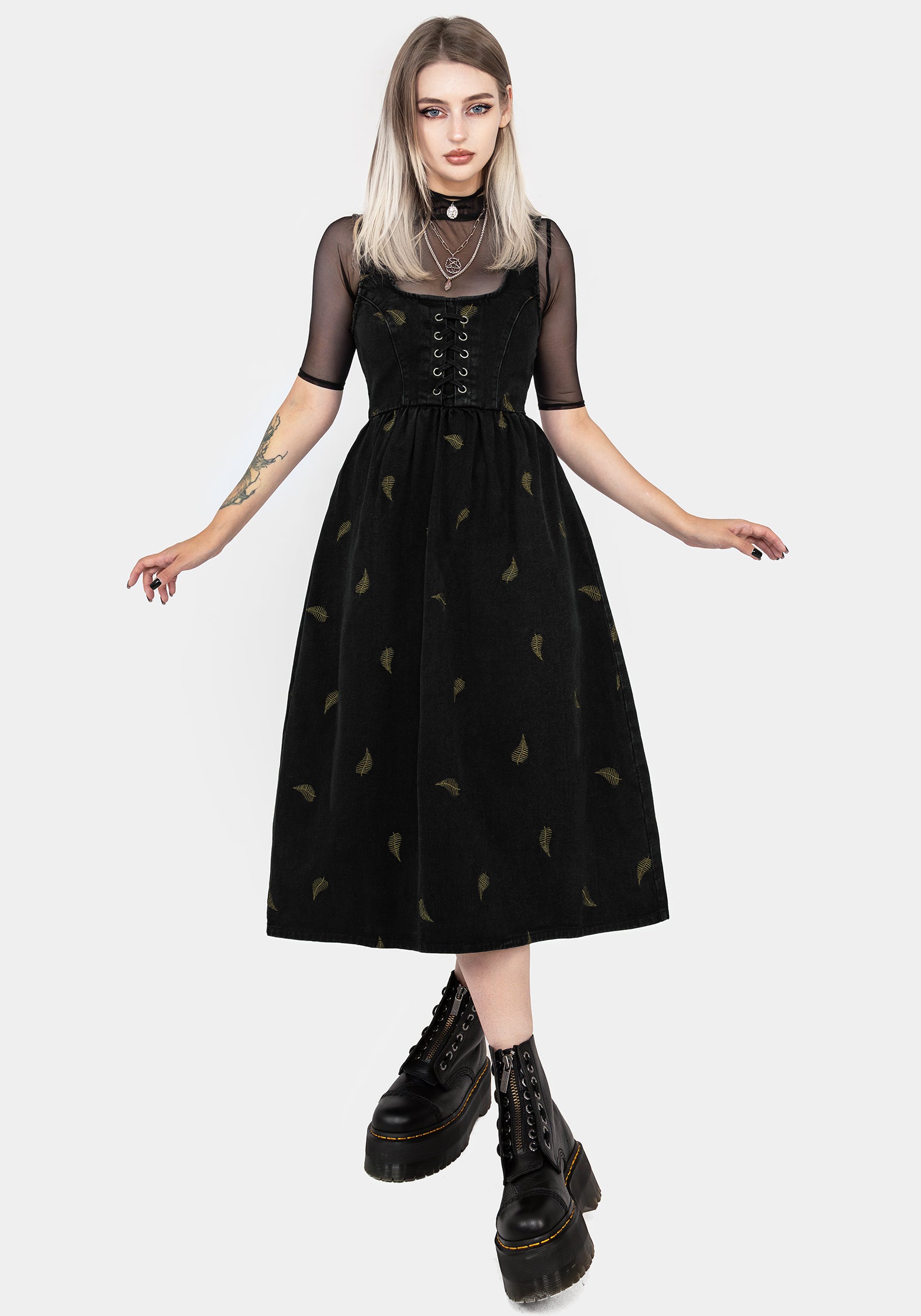 Black Fern Embroidered Denim Pinafore Dress with Lace-Up Detail | Osmunda