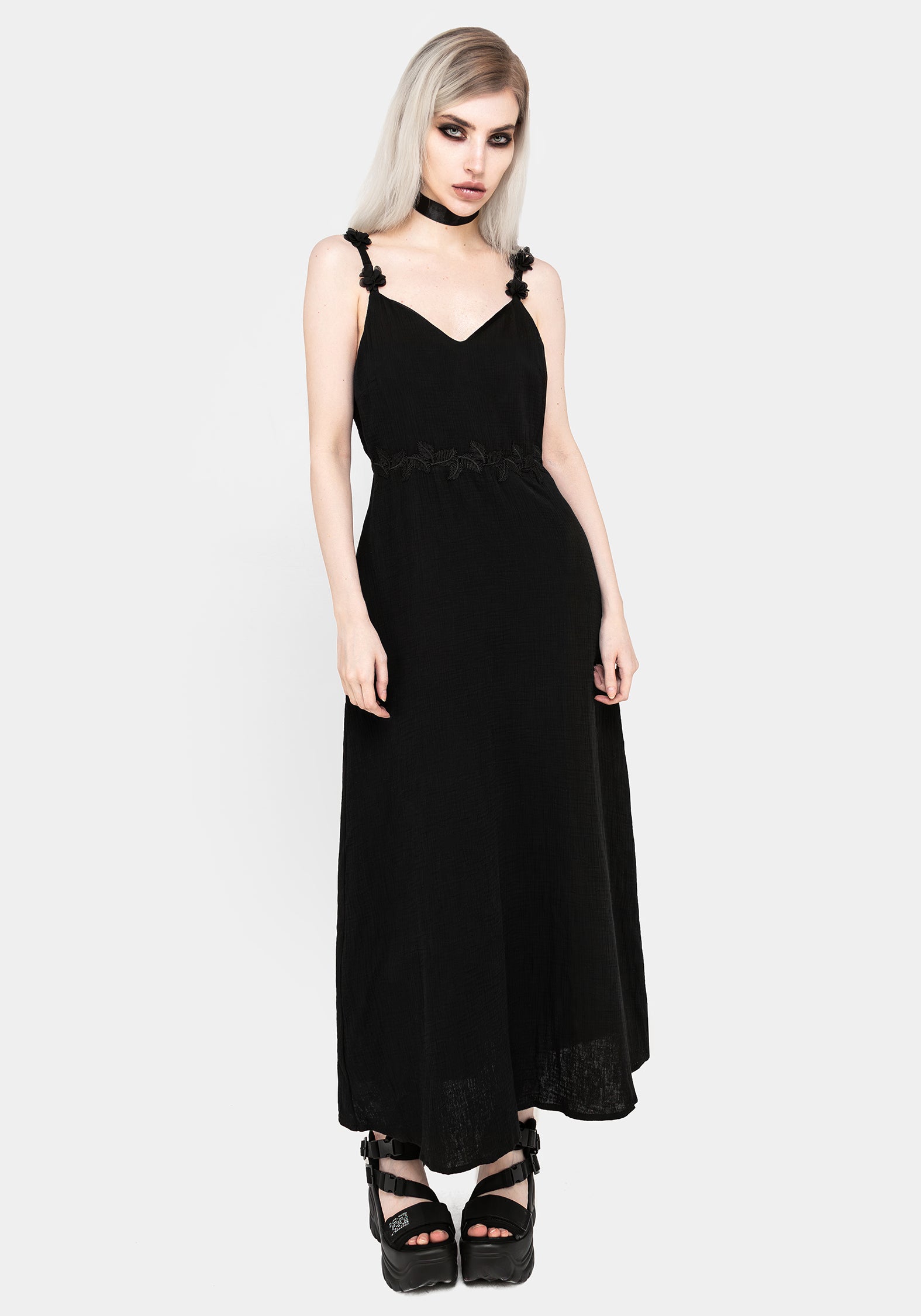 Black V-Neck Maxi Dress with Fern Appliqué | Cotton Summer Dress
