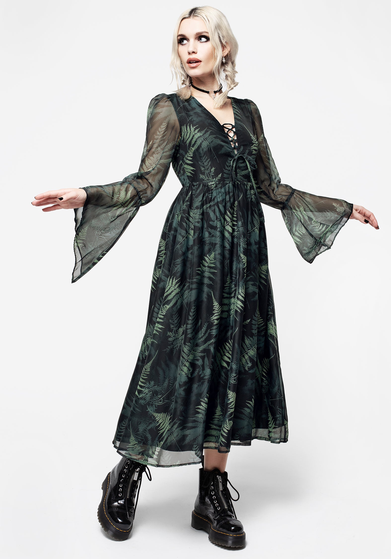 Black & Green Fern Print Chiffon Dress with Lace-Up | Fernery