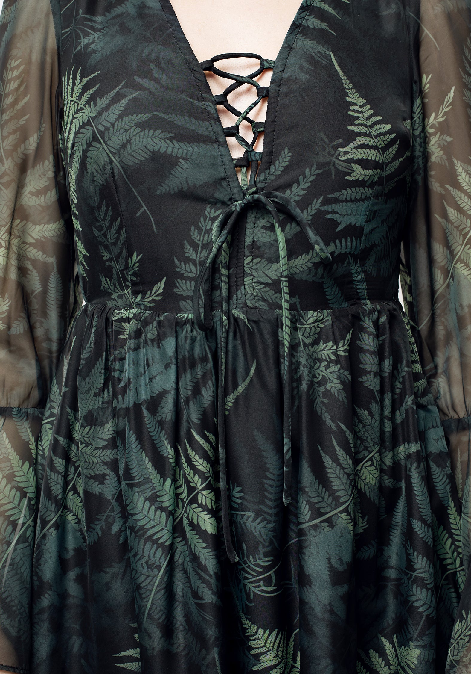 Black & Green Fern Print Chiffon Dress with Lace-Up | Fernery