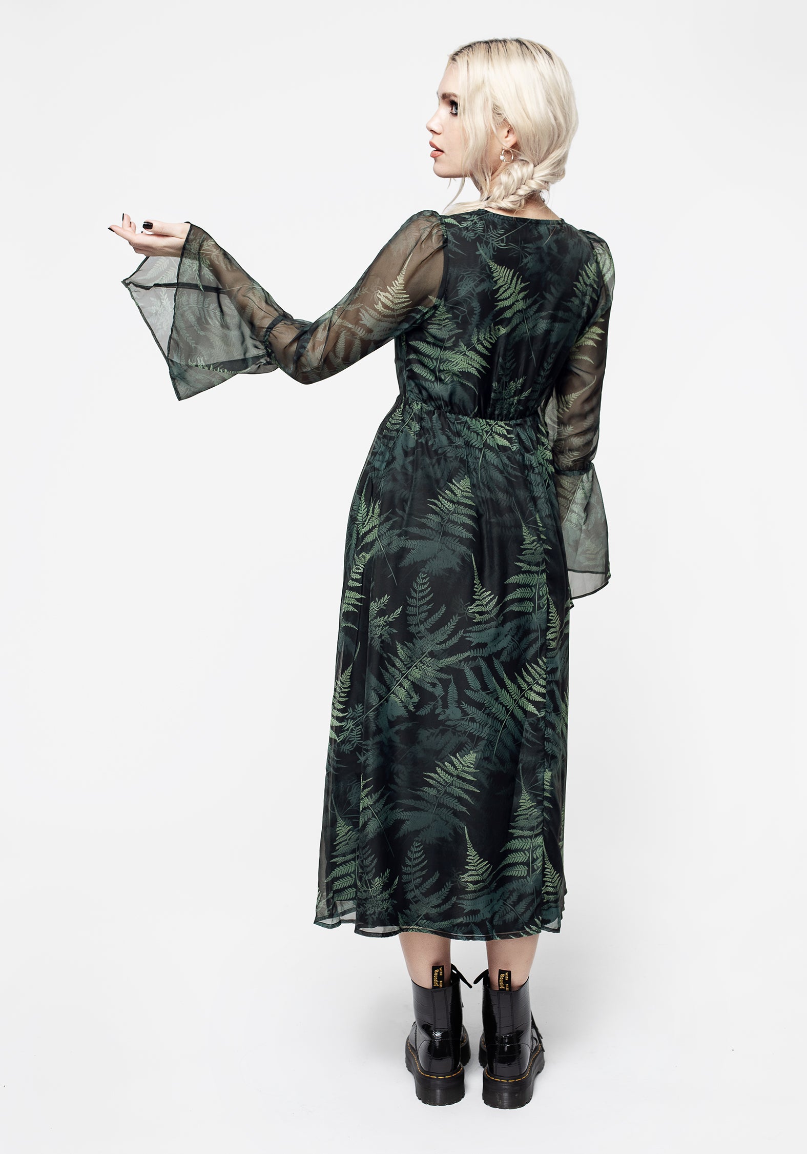 Black & Green Fern Print Chiffon Dress with Lace-Up | Fernery