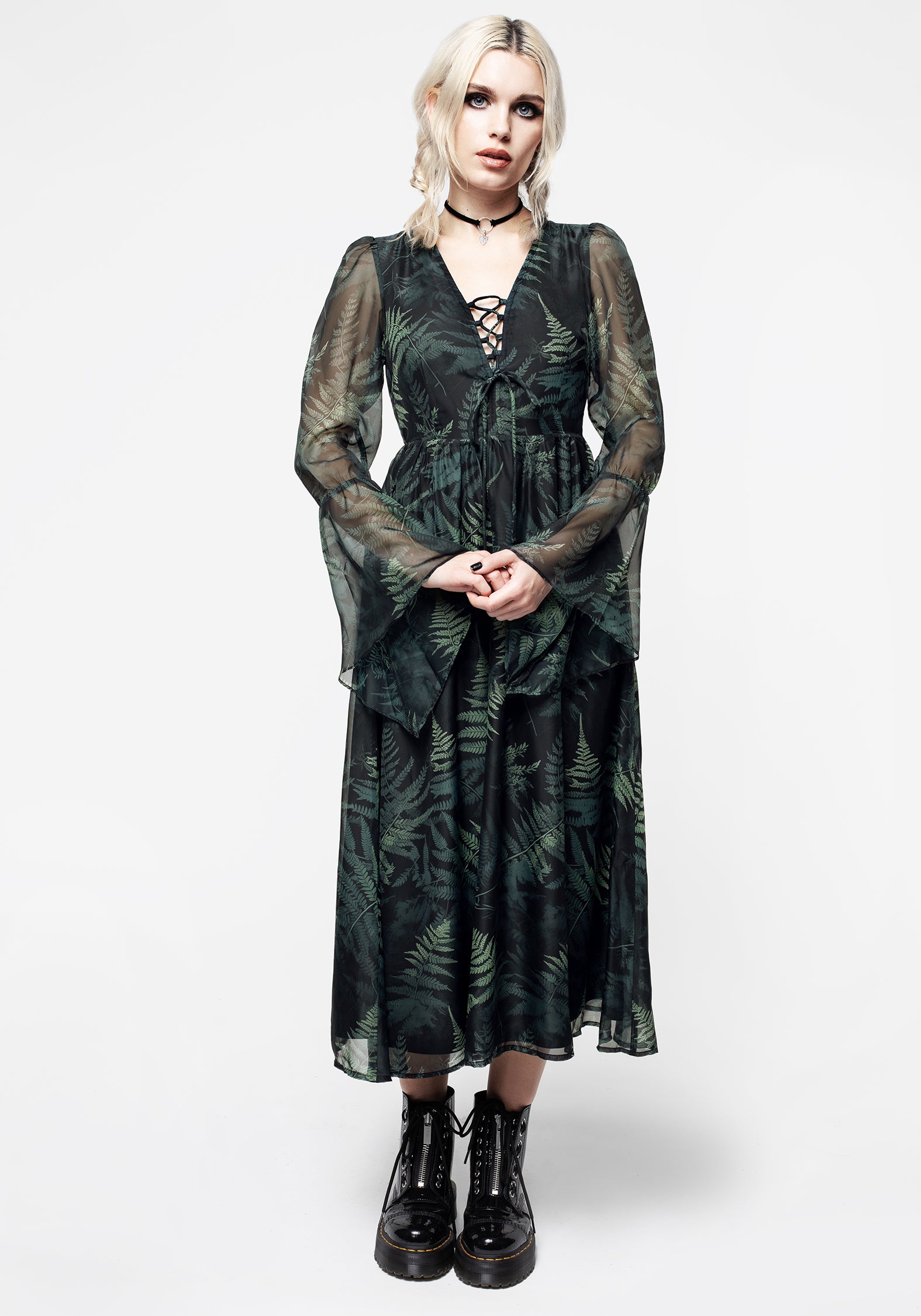 Black & Green Fern Print Chiffon Dress with Lace-Up | Fernery