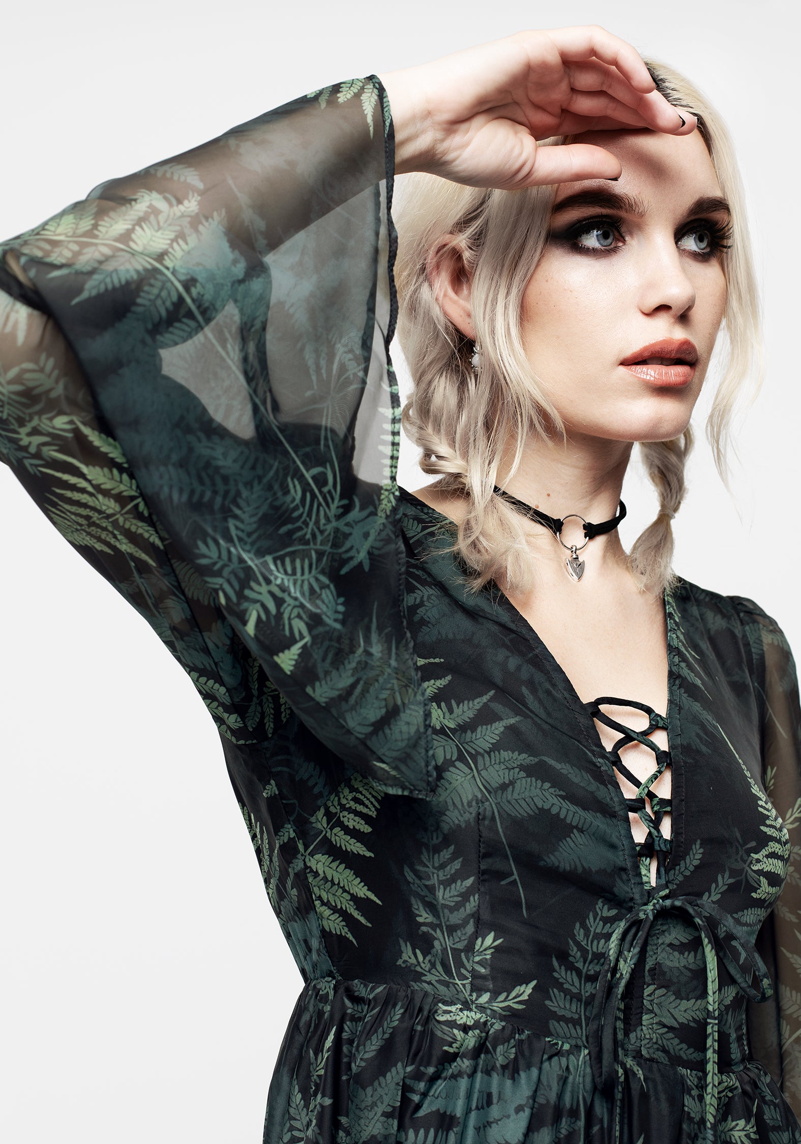 Black & Green Fern Print Chiffon Dress with Lace-Up | Fernery