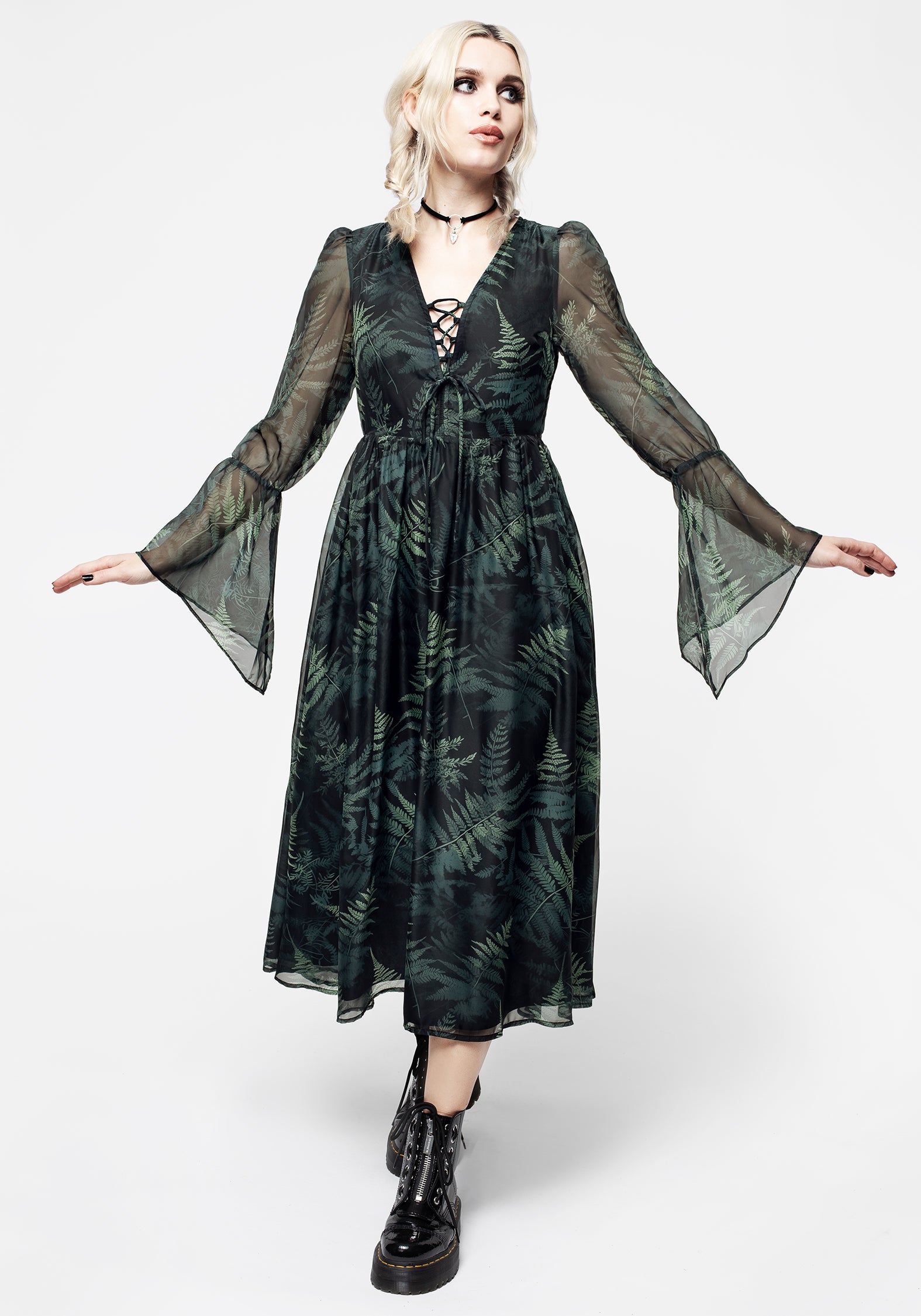 Black & Green Fern Print Chiffon Dress with Lace-Up | Fernery