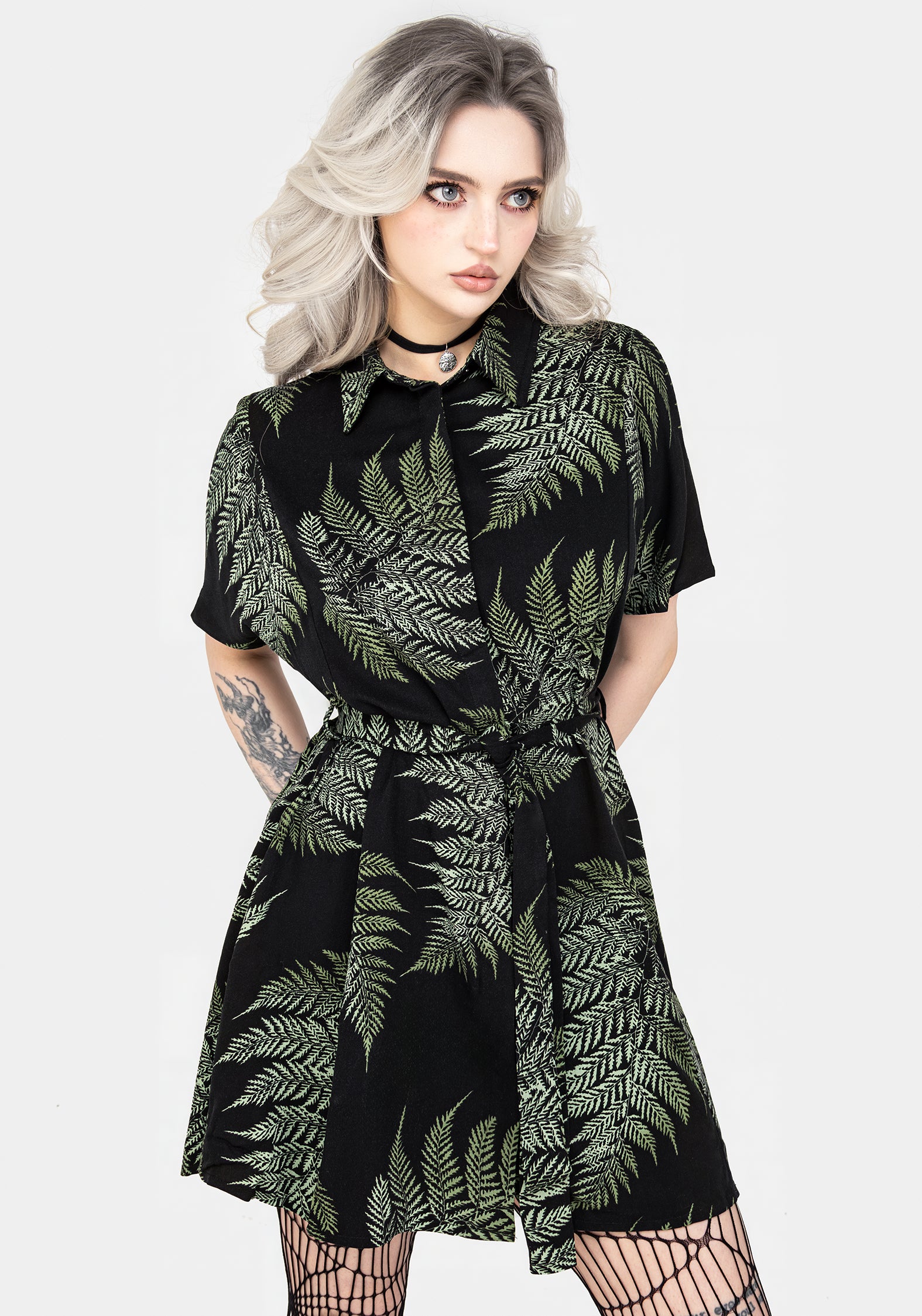 Fern Print Mini Shirt Dress with Belt Tie & Collar | Silky Rayon