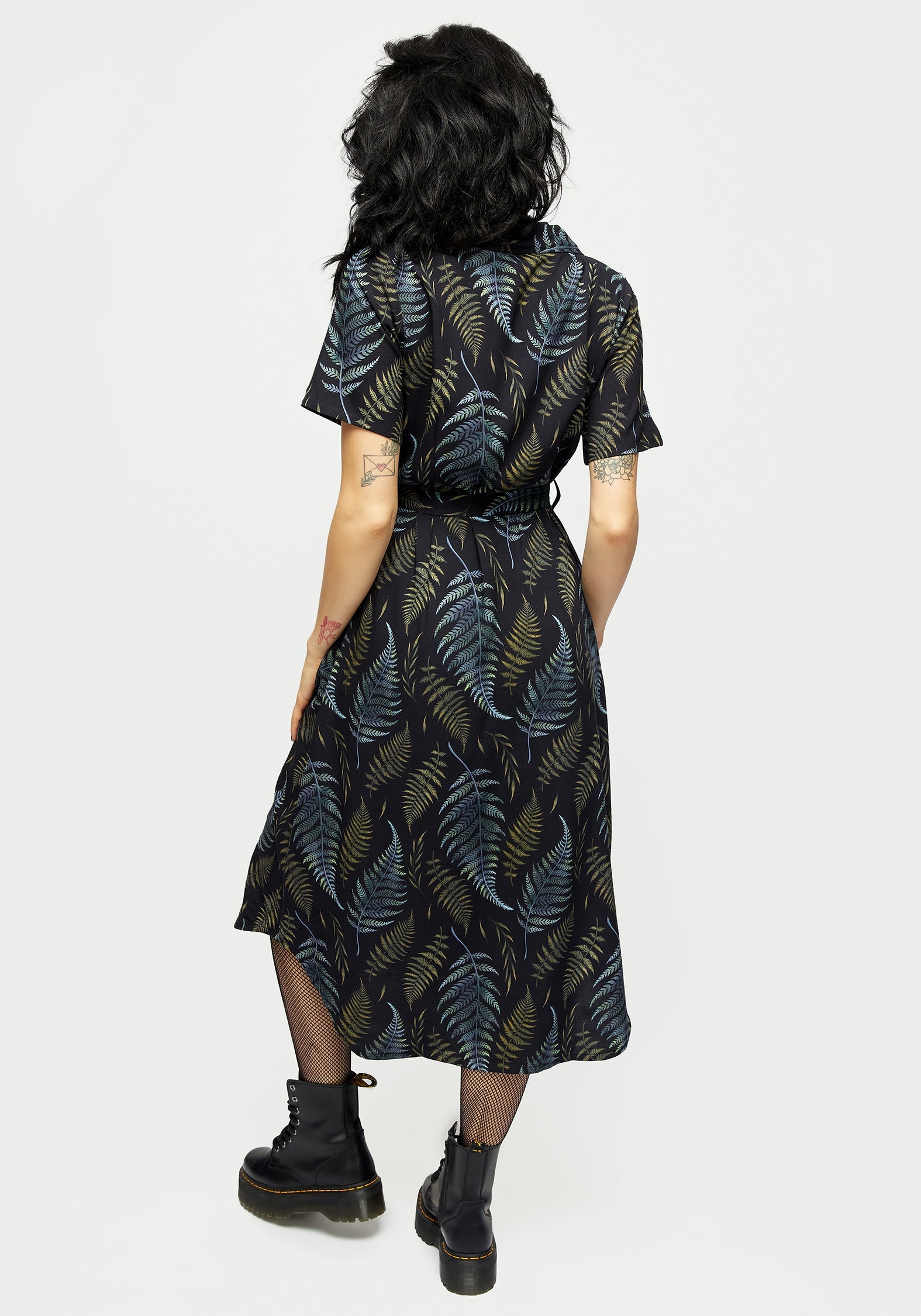 Black Fern Print Button-Up Midi Shirt Dress with Belt | Relaxed Fit