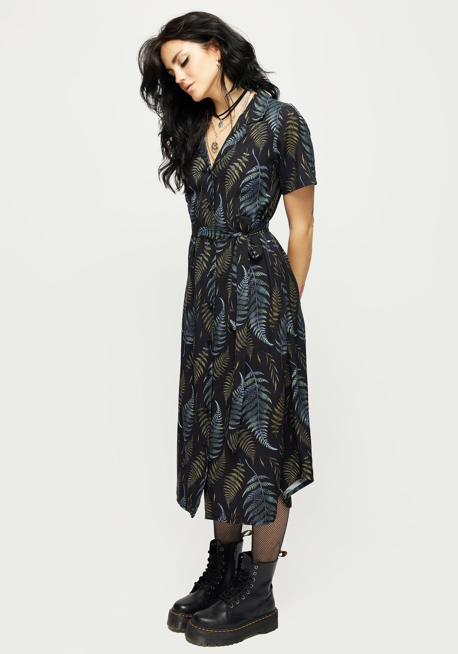 Black Fern Print Button-Up Midi Shirt Dress with Belt | Relaxed Fit