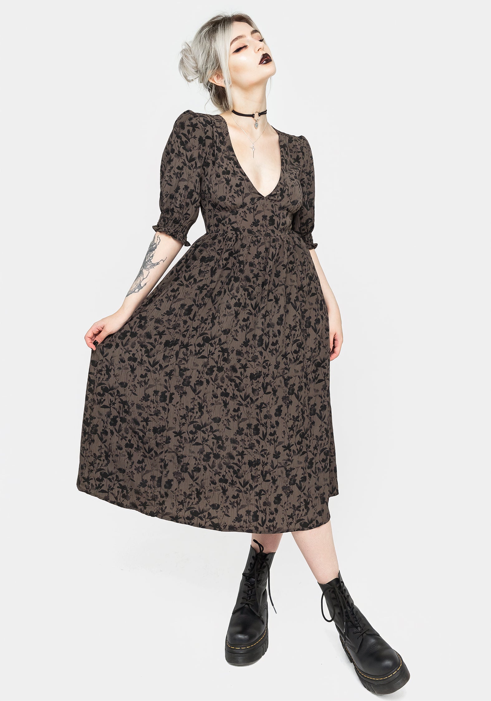 Green Floral Midi Dress with Cut-Out Back | Floromancy