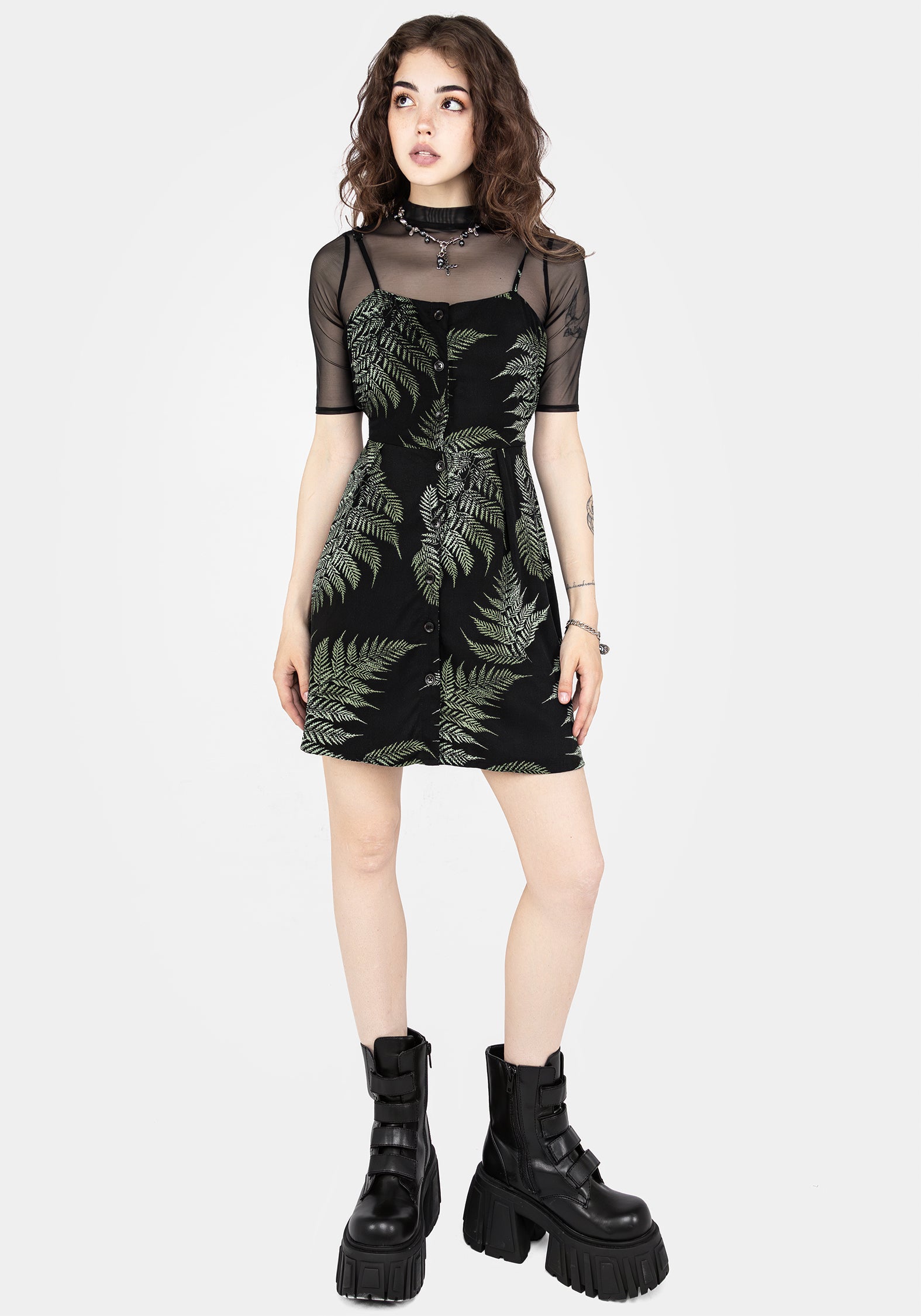Black Fern Print Button-Up Apron Dress | Liubov