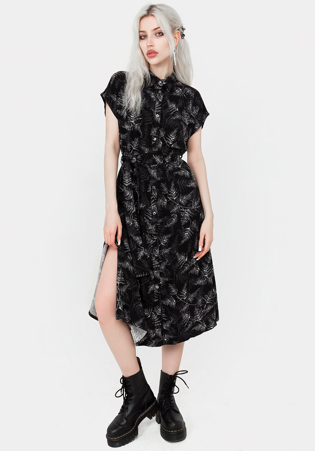 Black Fern Print Midi Shirt Dress with Waist Belt | Bracken