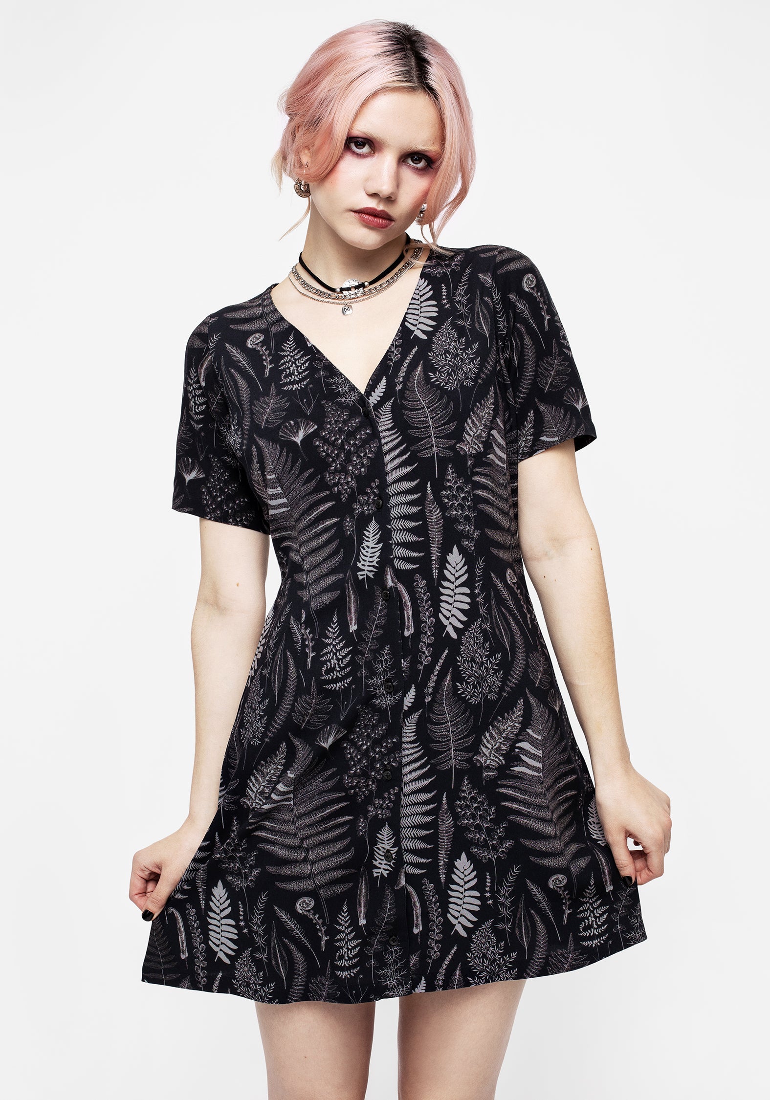Black Button Up Mini Dress with Floral Print | Maidenhair
