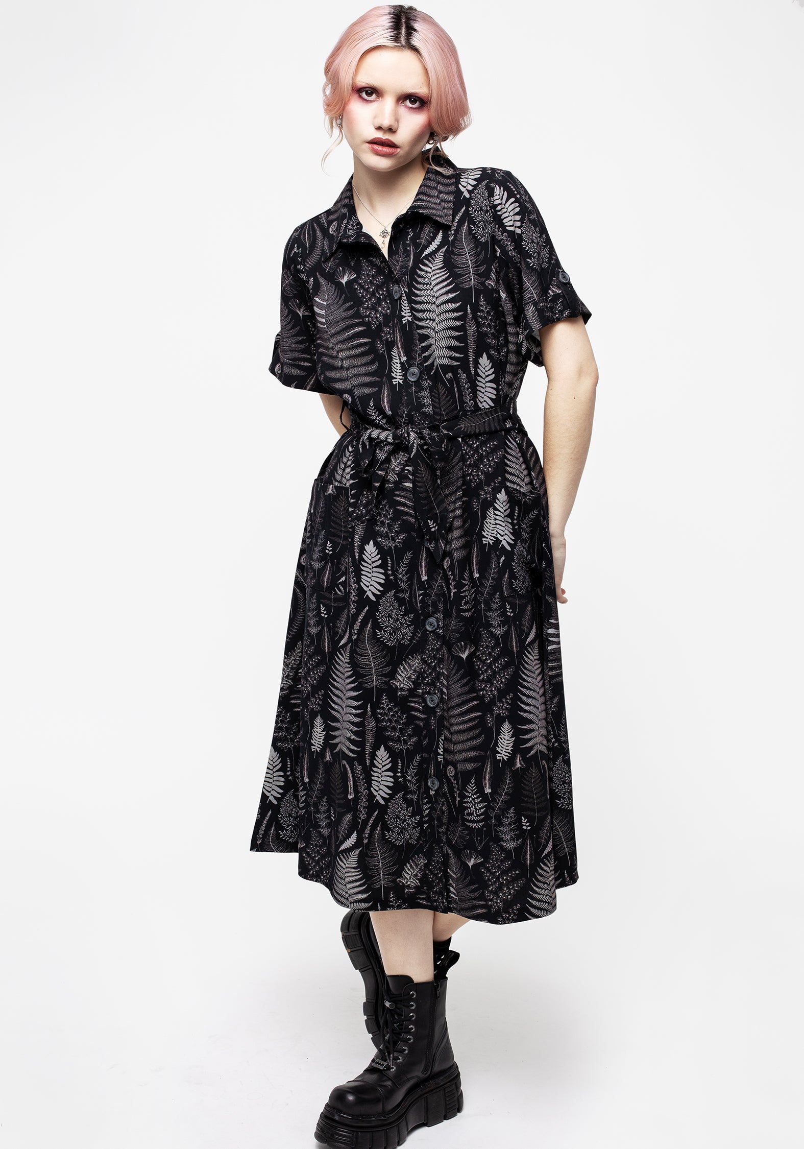 Black Printed Midi Shirt Dress with Belt & Pockets | Maidenhair