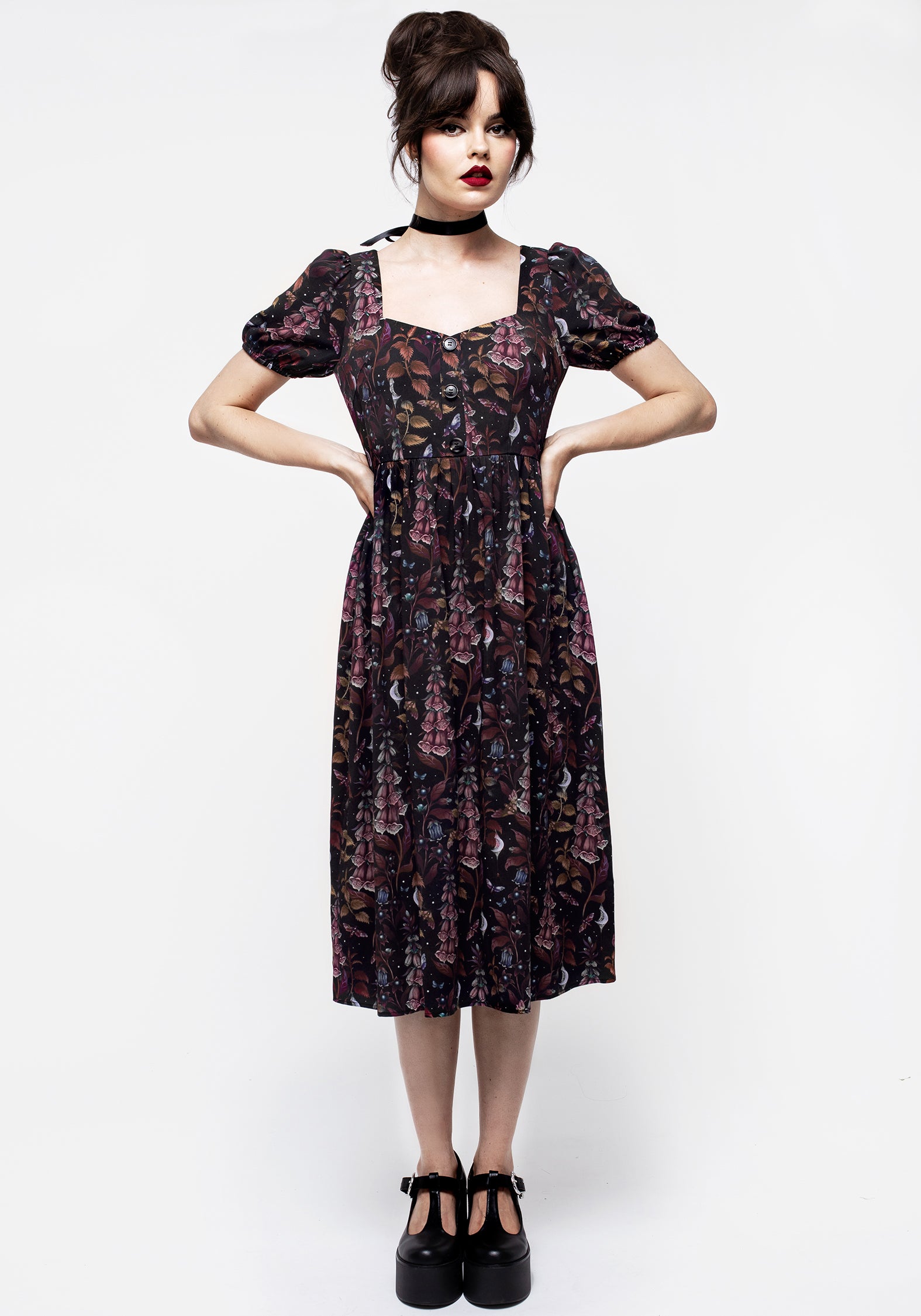 Black Floral Print Button-Front Midi Dress with Sweetheart Neckline | Foxglove
