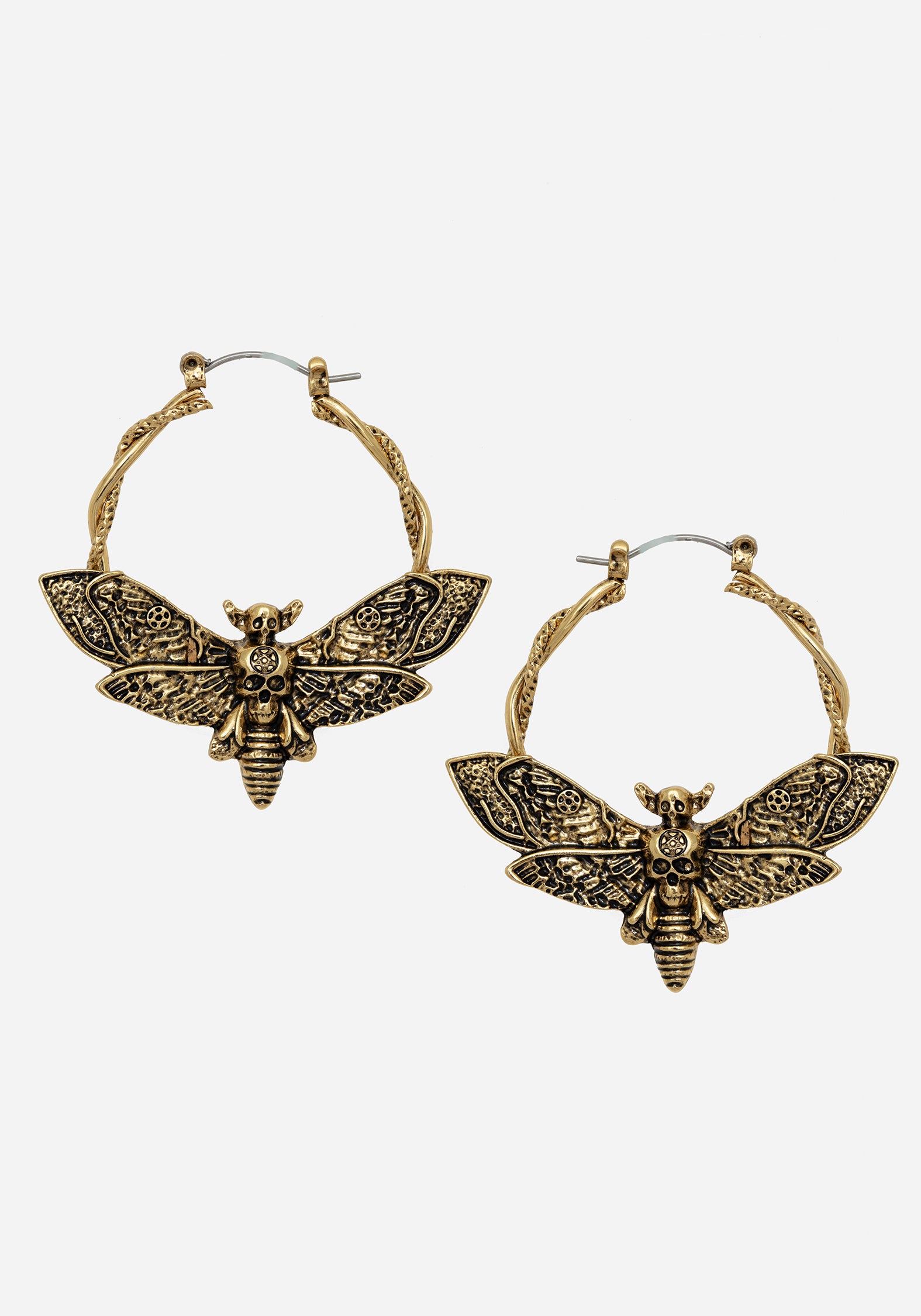 Gold Hoop Earrings with Death's Head Moth Charm | Mortmoth