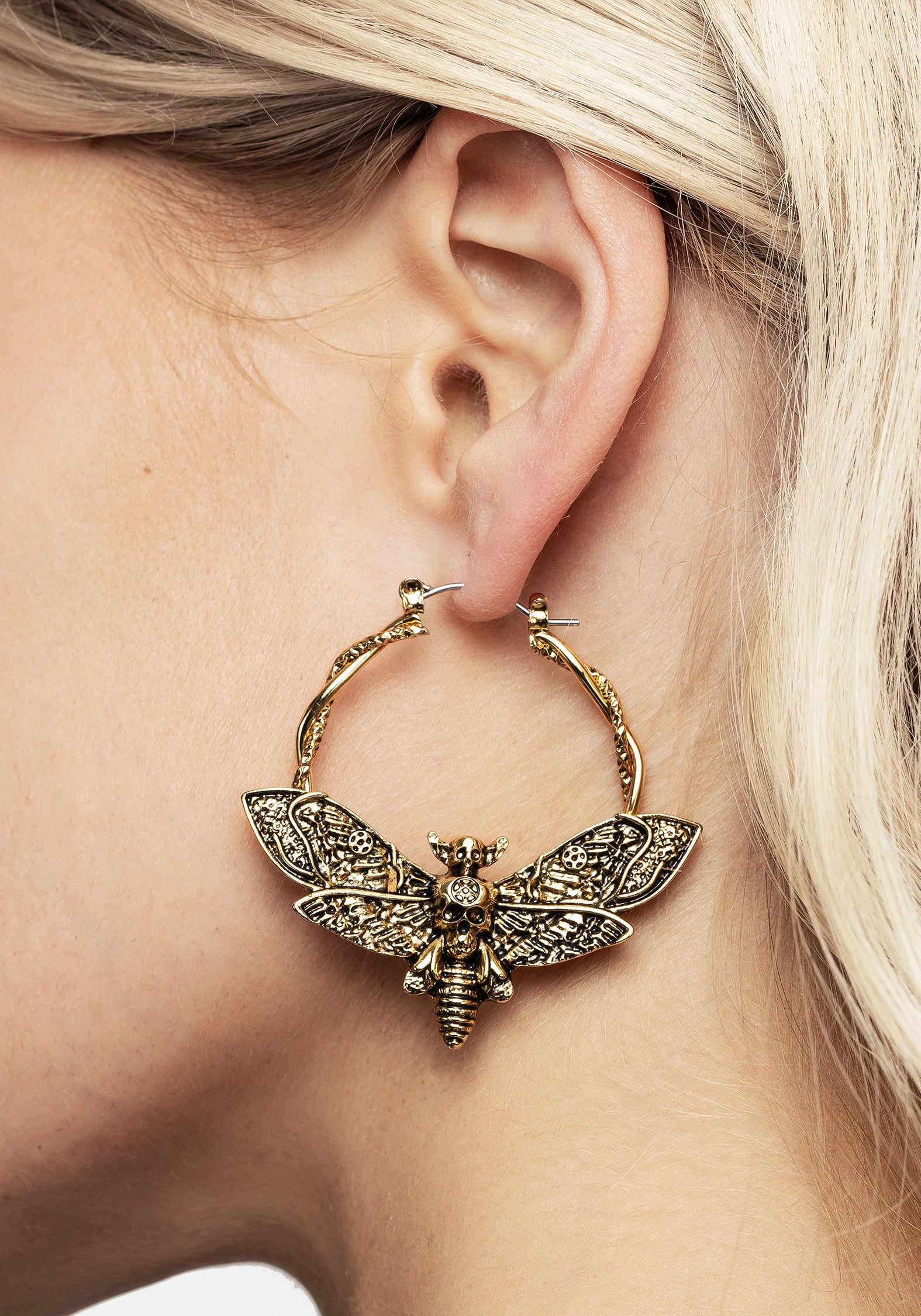 Gold Hoop Earrings with Death's Head Moth Charm | Mortmoth