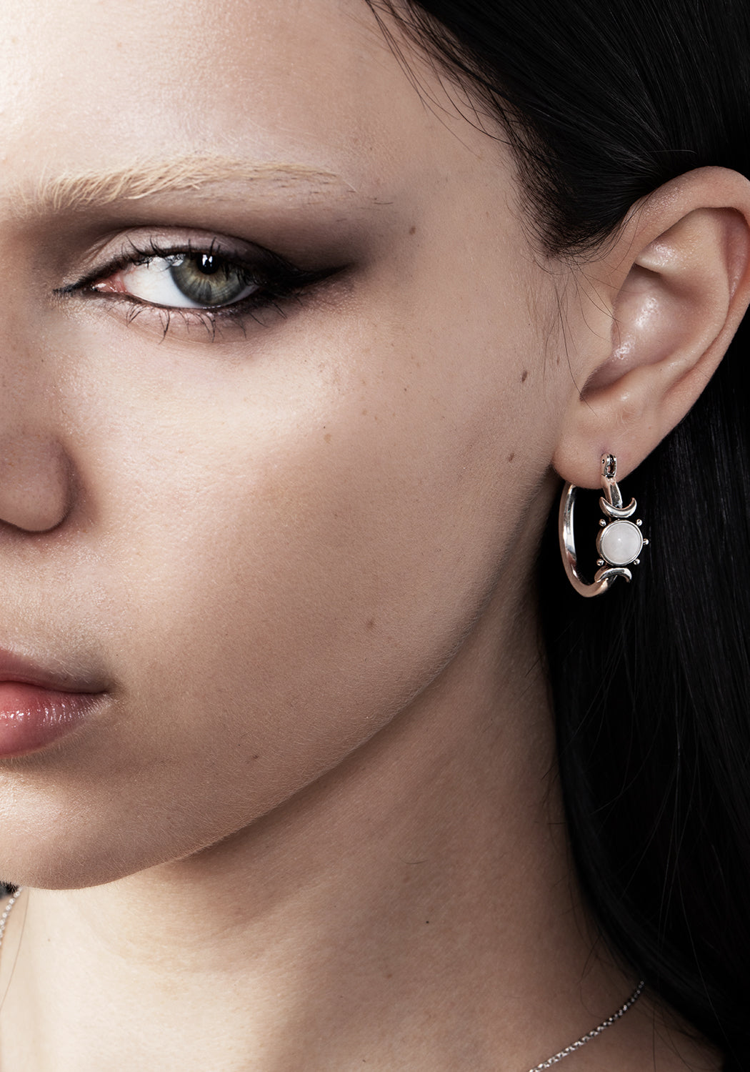 Moonstone Hoop Earrings with Crescent Moons | Silver-Plated Goddess Jewelry