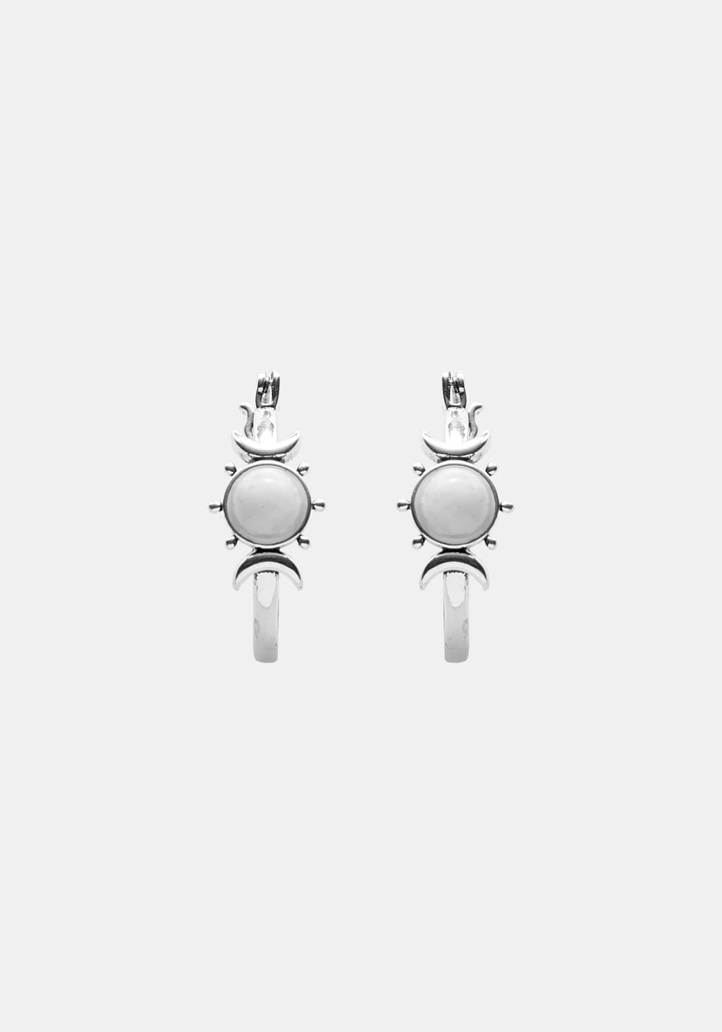Moonstone Hoop Earrings with Crescent Moons | Silver-Plated Goddess Jewelry