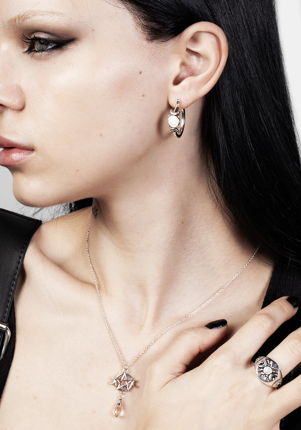 Moonstone Hoop Earrings with Crescent Moons | Silver-Plated Goddess Jewelry
