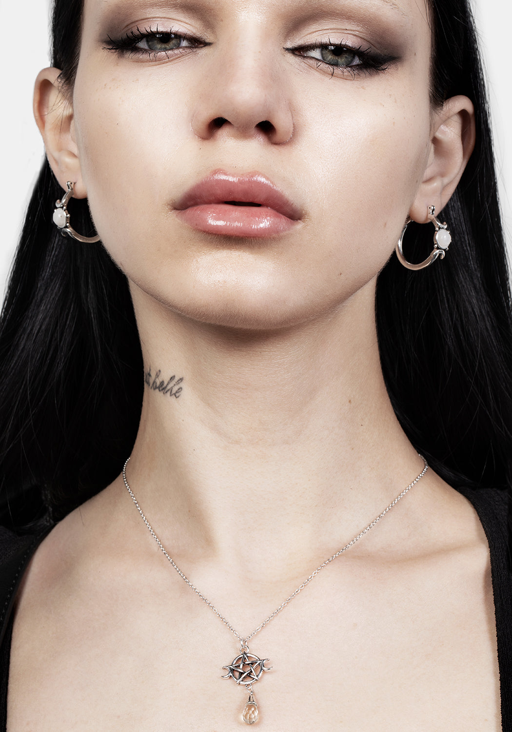 Moonstone Hoop Earrings with Crescent Moons | Silver-Plated Goddess Jewelry