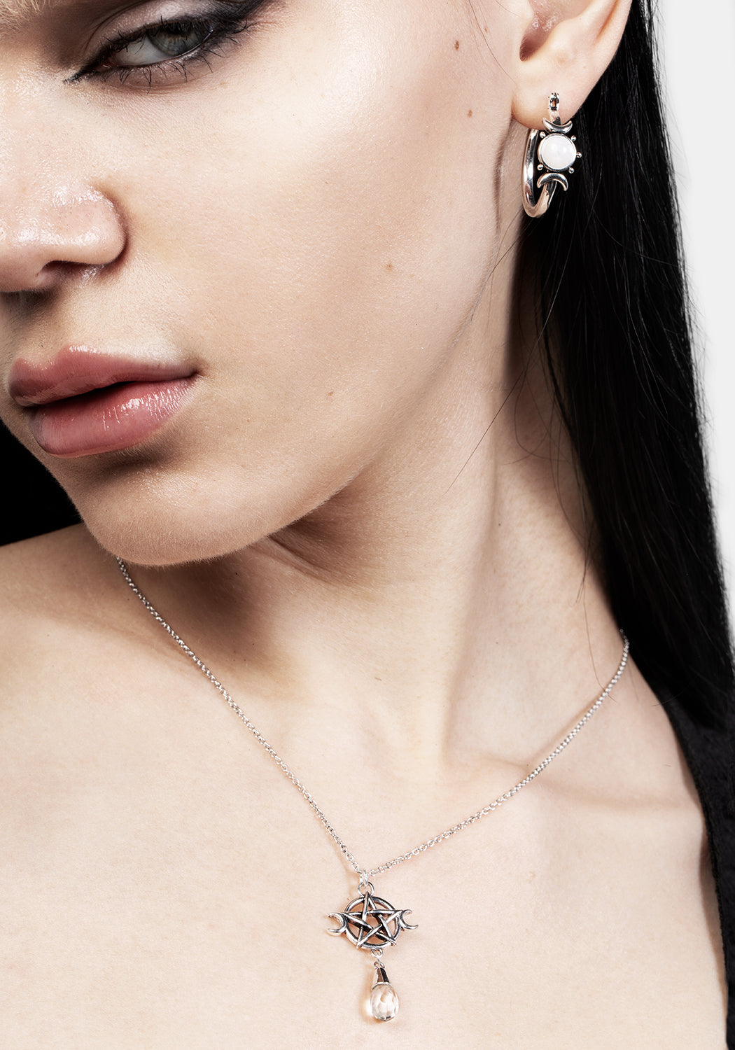 Moonstone Hoop Earrings with Crescent Moons | Silver-Plated Goddess Jewelry