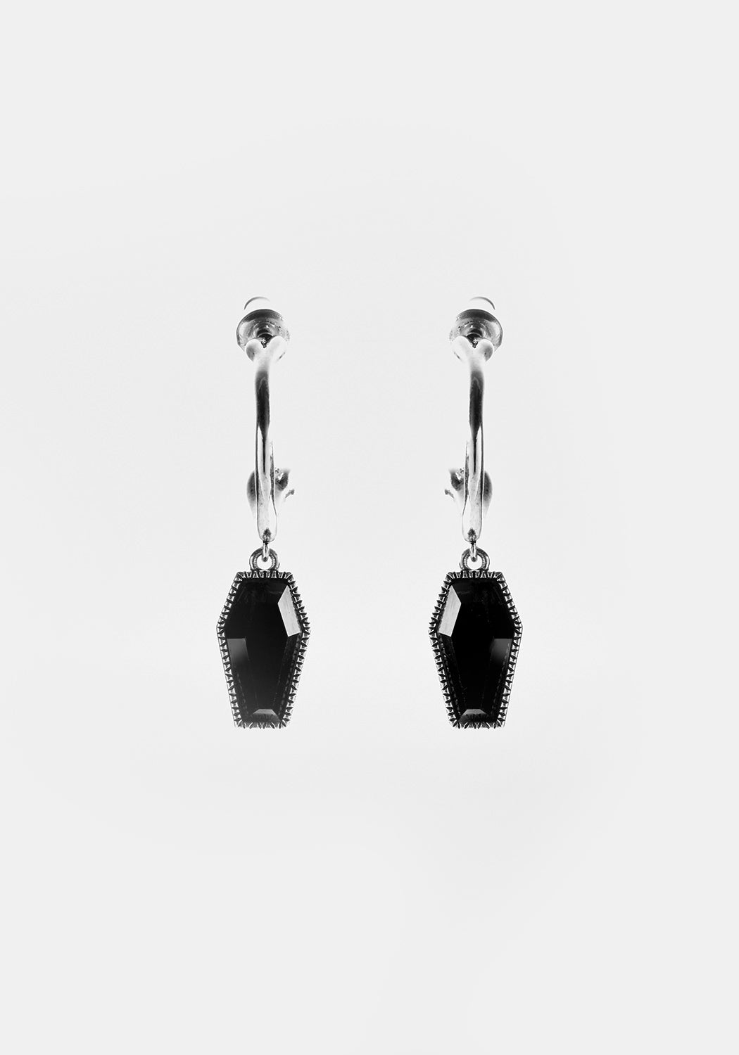 Gothic Hoop Earrings with Black Agate Coffin Charms | Silver Bone Design