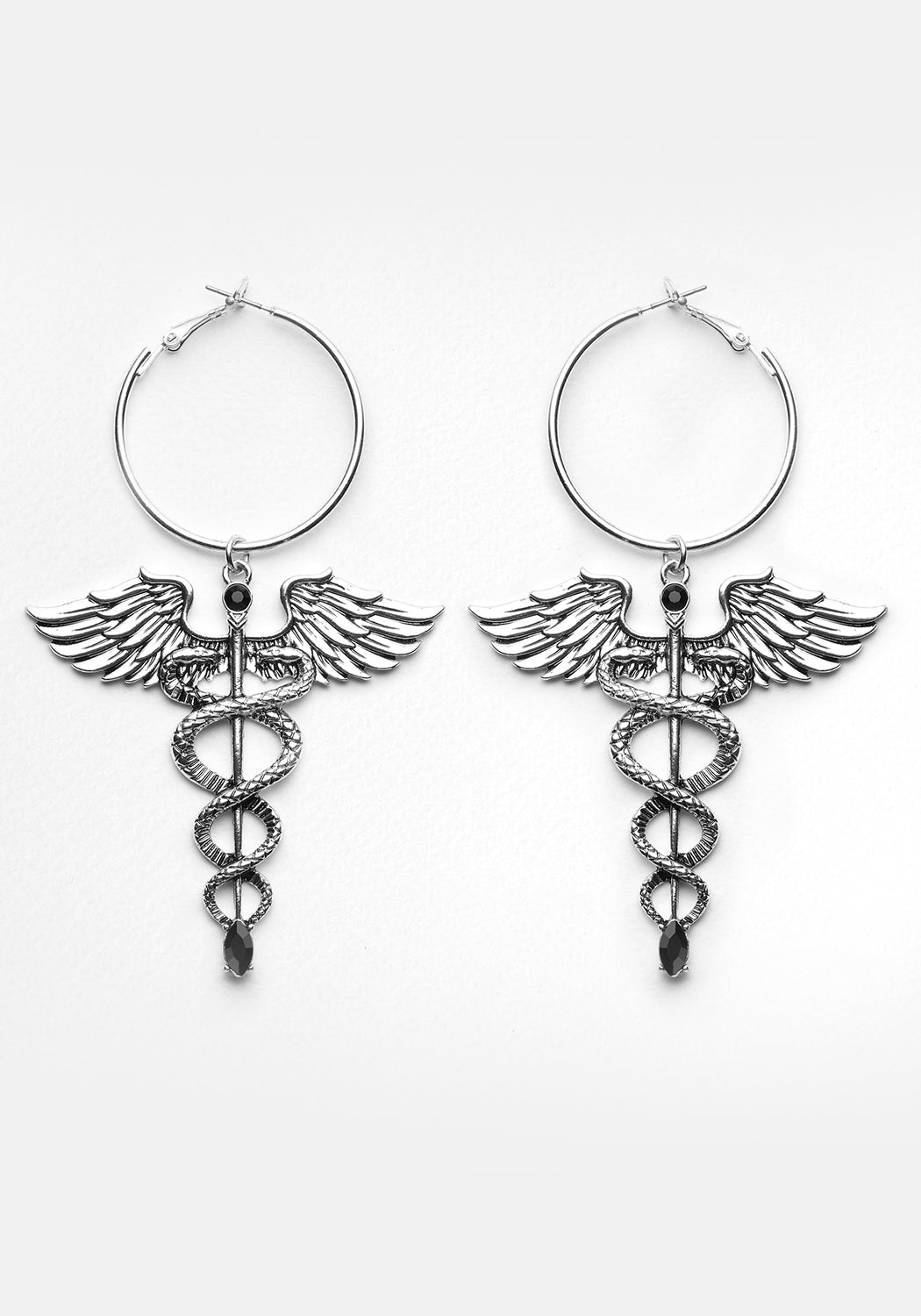 Silver Caduceus Hoop Earrings with Gemstones | Mythical Jewelry