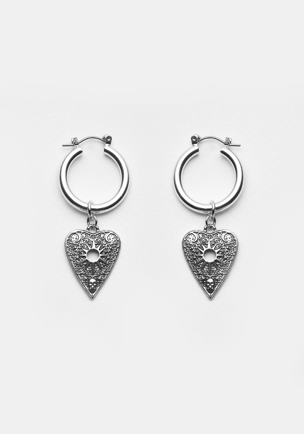 Ouija Planchette Hoop Earrings in Silver with Skull & Moon Details